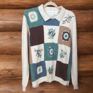 Vintage Alfred Dunner Embroidered Granny Square Cottagecore Sweater Size XL EUC